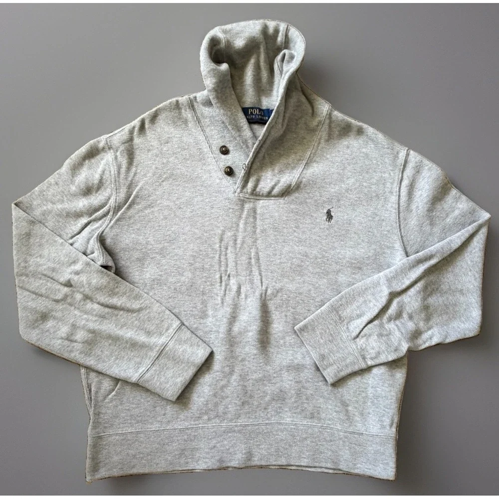 Polo Ralph Lauren V Neck Shawl Collar Pullover Shirt Gray Pony Logo Large JBHS